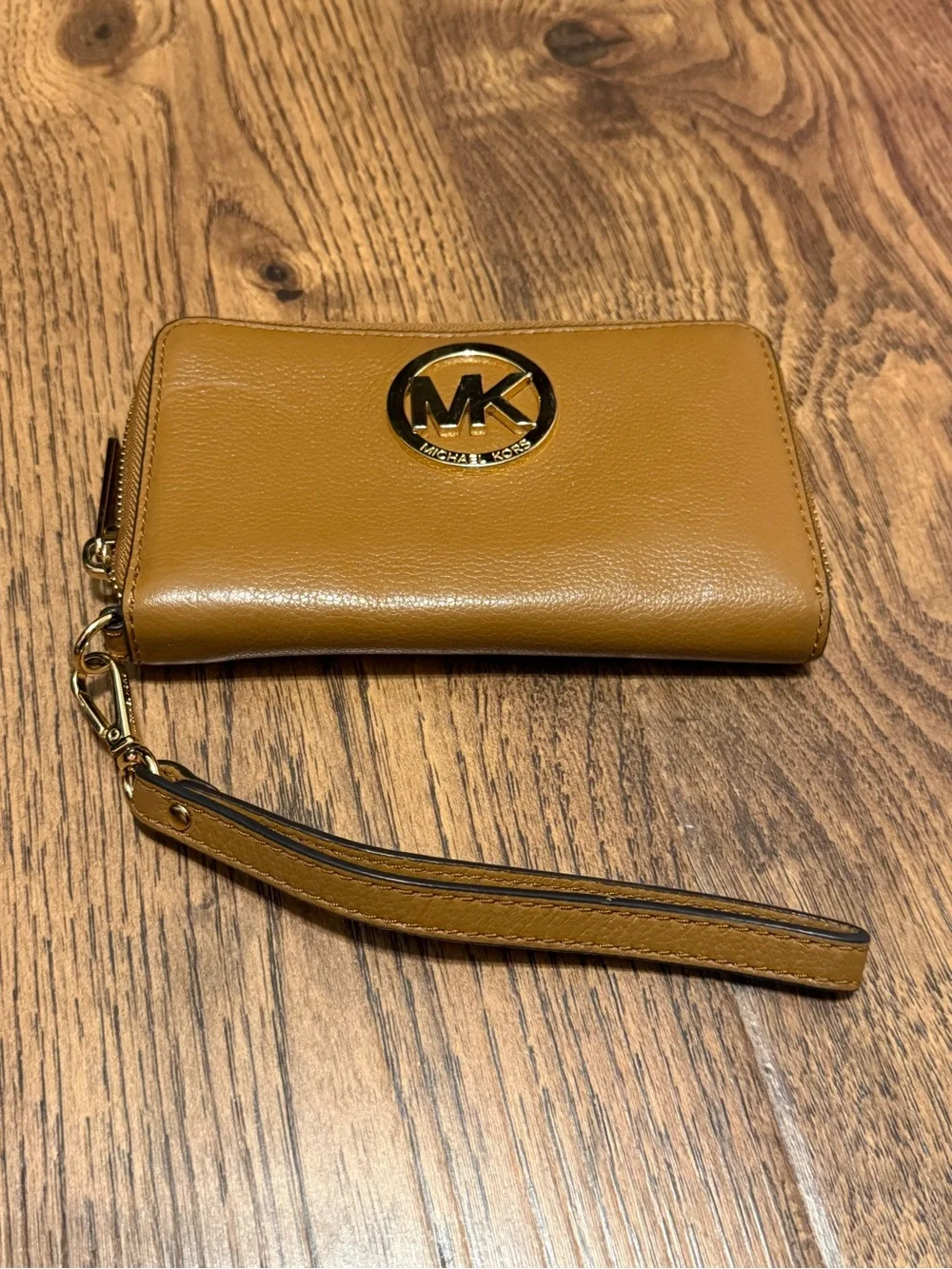Michael Kors Tan Brown Leather MK Logo Zip Wristlet